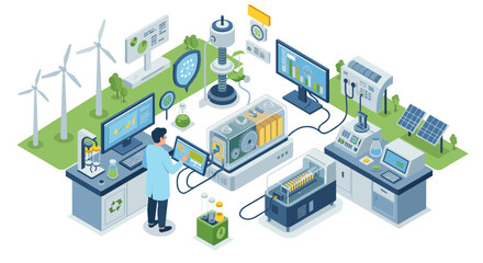Obraz premium Renewable energy laboratory vector illustration for educational and innovative design in isometric style