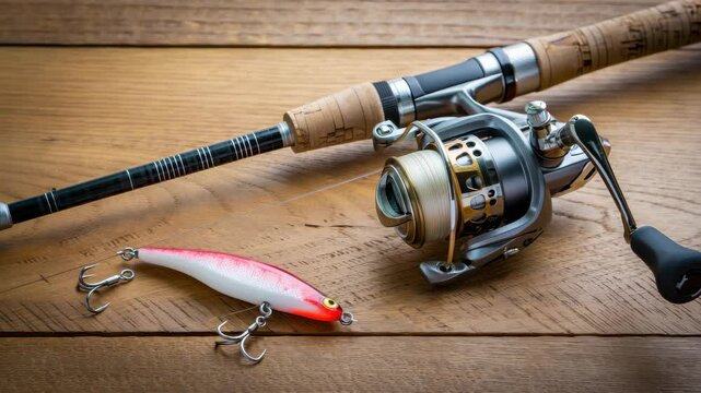 A spinning reel is placed on a well-worn wooden surface next to a colorful fishing lure. This setup is perfect for anglers preparing for a weekend fishing trip at a nearby lake or river