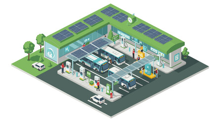 Eco-friendly gas station vector illustration in isometric style for sustainable energy concept design