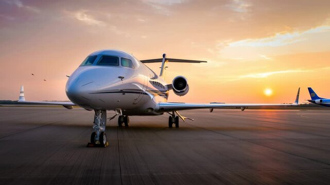 A sleek, modern jet awaits at a private airport as the sun sets in the background, casting warm hues across the sky and highlighting the aircraft's elegant design