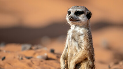 Meerkat stands alert in sandy terrain.
