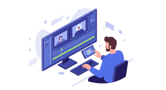 Video editing process vector illustration: design for digital media and technology concepts, isometric style