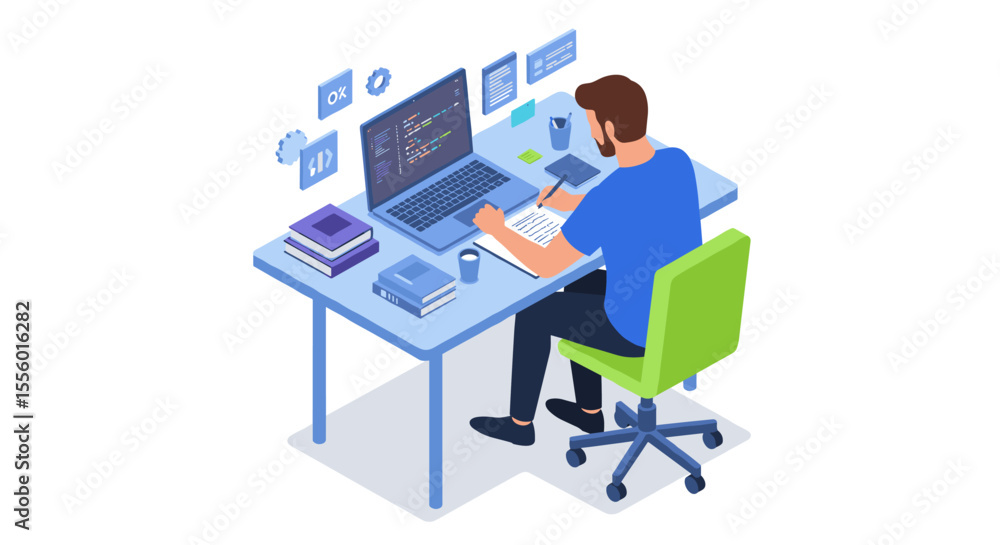 Poster programming workspace vector illustration: developer coding in office, design for tech poster, isome