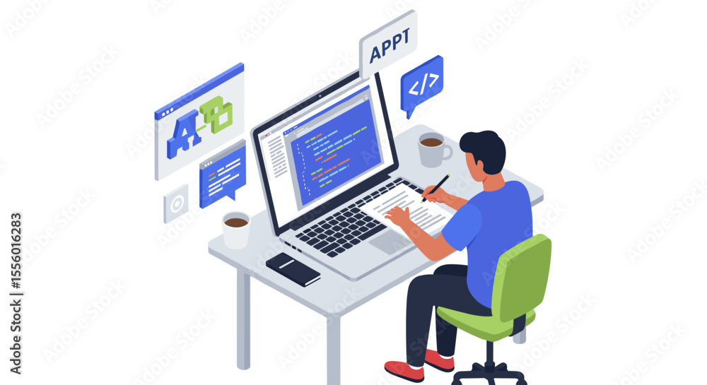Poster developer working on code in modern office - vector illustration for tech design and print