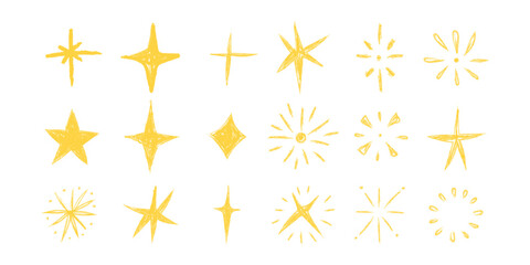 Crayon grunge star, sparkle shine light doodle crayon, pencil texture vector set silhouette in different shapes