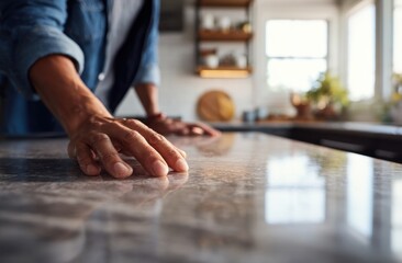 A man's hand gently rests on a sleek, modern kitchen countertop, exploring its smooth texture.