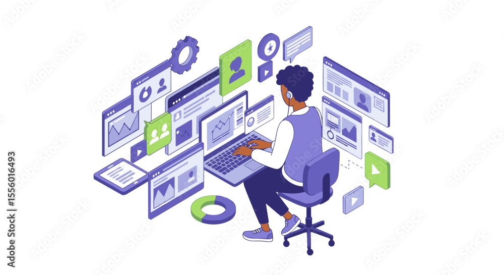 Poster isometric digital workspace vector illustration for technology and data analysis design