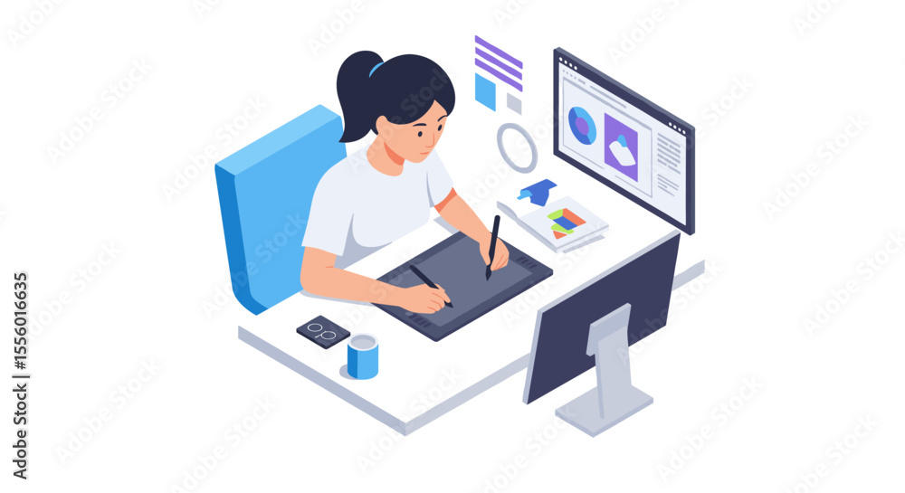 Poster graphic designer working at desk with digital tools vector illustration for office environment and c