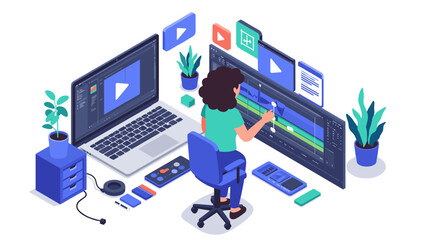 Fototapeta premium Video editing process vector illustration for creative projects in flat isometric style