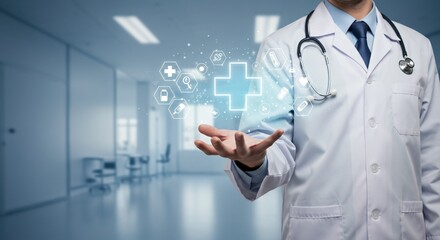 Doctor Holding Holographic Medical Icons in Hospital Corridor