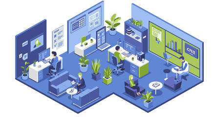 Obraz premium Modern office workspace concept vector illustration in isometric style for design and decor