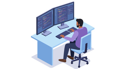 Fototapeta premium Isometric vector illustration of a software developer at desk for office design