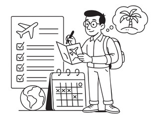 Black and white outline illustration of man planning vacation with checklist, calendar, globe, and palm tree. concept of travel, vacation planning, wanderlust, trip organizer, adventure.