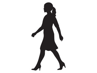 Black silhouette of woman walking in dress with ponytail hairstyle isolated on white background, graphic illustration. Concept of female figure, motion pose, lifestyle symbol, design element