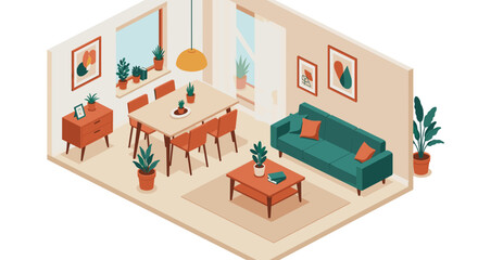 Fototapeta premium Modern living room interior vector illustration in isometric flat style for home decor design