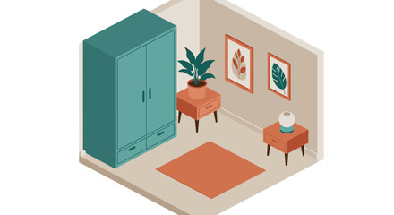 Isometric vector illustration of cozy modern interior design with cabinet and decor elements for home decor and posters
