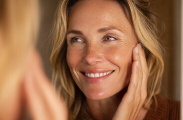 A middle-aged woman with blonde hair gently touches her face, smiling serenely at her reflection.