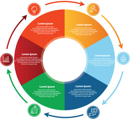 Collection of vector circle chart infographic templates for presentations, advertising, layouts, annual reports. 6 options, steps, parts	