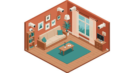 Home security monitoring system vector illustration - isometric interior design for poster or print