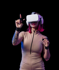 Woman in VR headset interacting with virtual interface