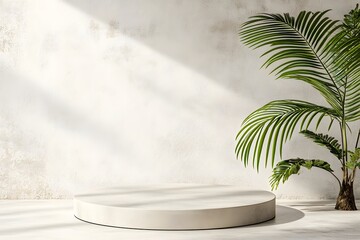 Obraz premium Minimalist Beige Product Display Platform with Palm