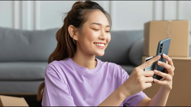 She has brunette hair tied back, wears a casual purple t-shirt and jeans, exuding confidence as she smiles while taking photos of the products she just received for her online shopping experience.