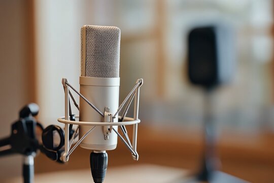 Close-up of a professional microphone in a recording studio setting, highlighting its sleek design.