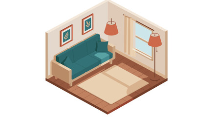 Cozy living room decor vector illustration - isometric design for interior print and poster