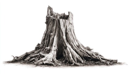 A weathered tree stump, roots spread wide