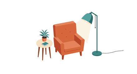 Fototapeta premium Cozy reading corner vector illustration: interior design in isometric style