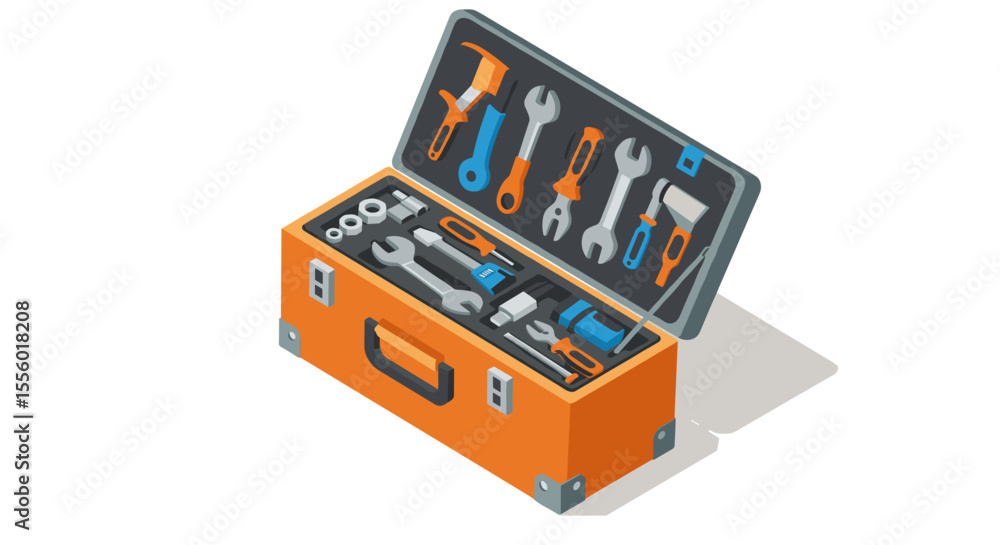 Poster isometric vector illustration of tool box with various tools for diy projects and repairs