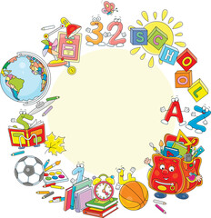 School round frame border with educational objects and funny cartoon characters, vector illustration on a white background