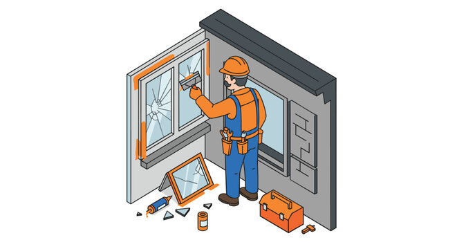 Broken window repair vector illustration - isometric construction scene for posters and cards