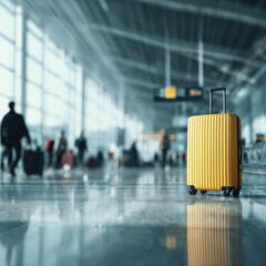 A vibrant yellow suitcase sits on a polished floor in a bustling airport terminal, with blurred figures of travelers in the background