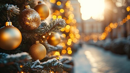 Christmas tree ornaments with festive gold sparkle bokeh holiday season decoration winter background xmas celebration