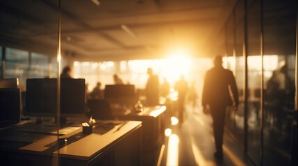 Sunny blurred office space with figures silhouetted by bright sunlight