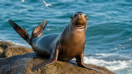 Fototapeta premium A sea lion rests on a rock, facing the camera. 
