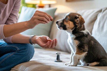 Cute puppy learning commands and getting treat reward from owner at home, pet training and bonding time.