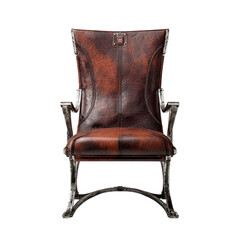 Luxury Leather Armchair: A rich brown leather armchair with a high back and sturdy metal frame, showcasing intricate detailing and luxurious texture.  The chair exudes sophistication and comfort.