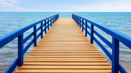 Wooden pier with blue railings extending over calm blue sea ocean water