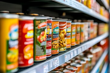Obraz premium Colorful Canned Goods on Grocery Store Shelf in Bright Supermarket Aisle