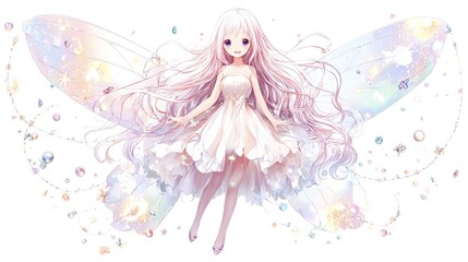 Anime fairy floats, pastel wings glisten