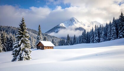 Serene Winter Landscape with Snow-Covered Cabin Amidst Majestic Peaks