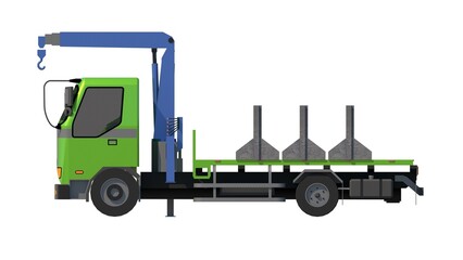 Rendered image of a green truck with a blue 6.5-ton capacity mounted crane, loaded with gray concrete barriers, from a side angle against a white backdrop. Related to light heavy machinery, logistics