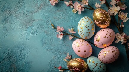 Obraz premium Easter eggs with golden decoration blue background and cherry blossom flowers festive Spring decoration holiday season