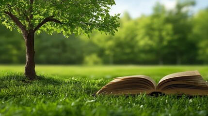 Open book resting on lush green grass near a tree in a park Tranquil nature scene