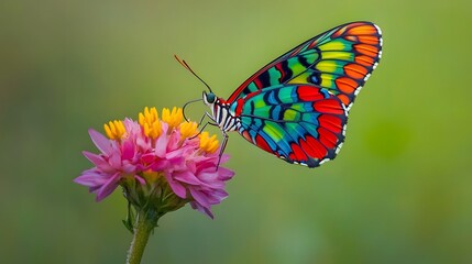Obraz premium Vibrant Rainbow Butterfly on Pink Flower Macro Photography