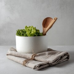 White bowl filled with fresh lettuce, accompanied by a wooden serving spoon, rests on a folded linen napkin against a neutral backdrop