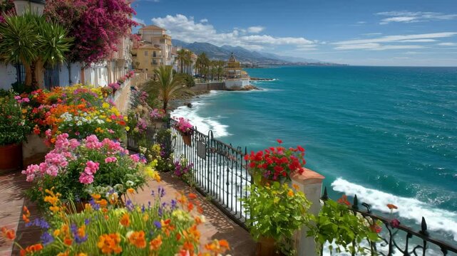 Vibrant flowers adorn the railing along a coastal pathway. Waves crash gently against the shore while picturesque buildings rise against the vibrant backdrop of the sea and mountains