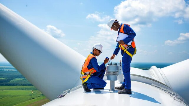 Skilled technicians are working on top of a wind turbine, ensuring its optimal performance while surrounded by a stunning landscape and bright blue skies